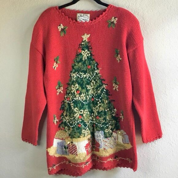 Vintage 90s Red Novelty Christmas Tree Festive Holiday Ugly Christmas Sweater M - Picture 1 of 9